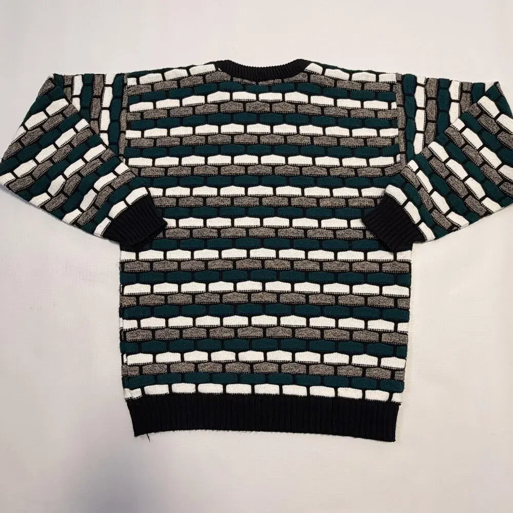 Vintage Jordache Sweater Mens Large Green Black Geometric Crewneck USA Knit 90s